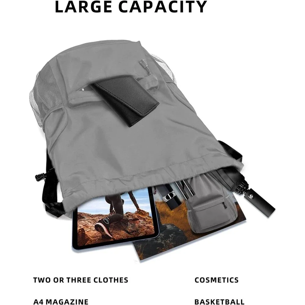 Sports Drawstring Backpack String Swimming Gym Bag with Shoes Grey